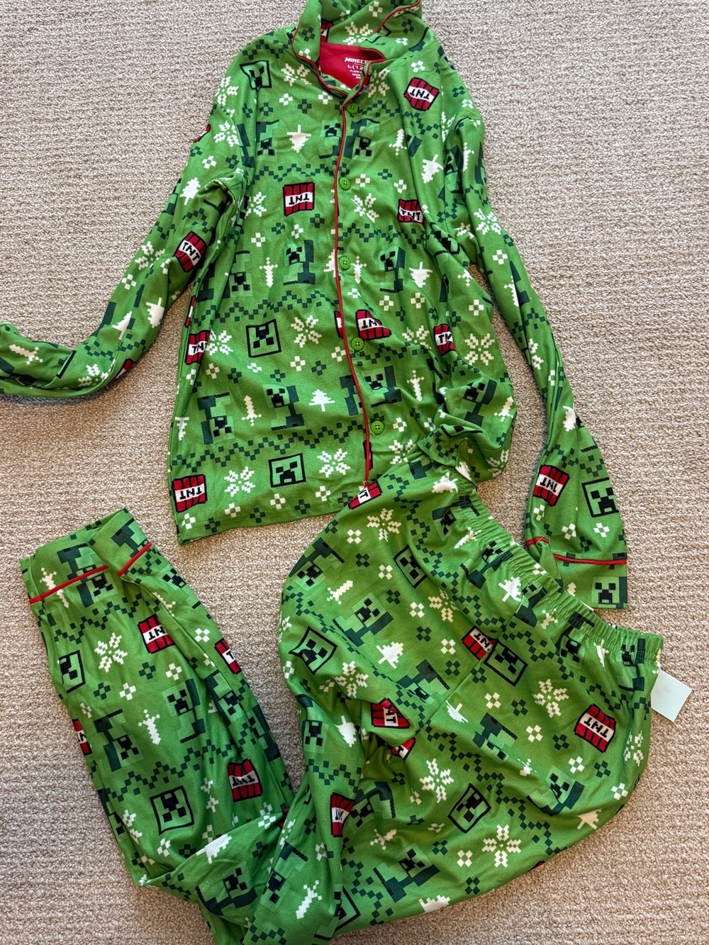 Green Pixel-Print Kids Pajama Set with TNT & Creeper Motifs